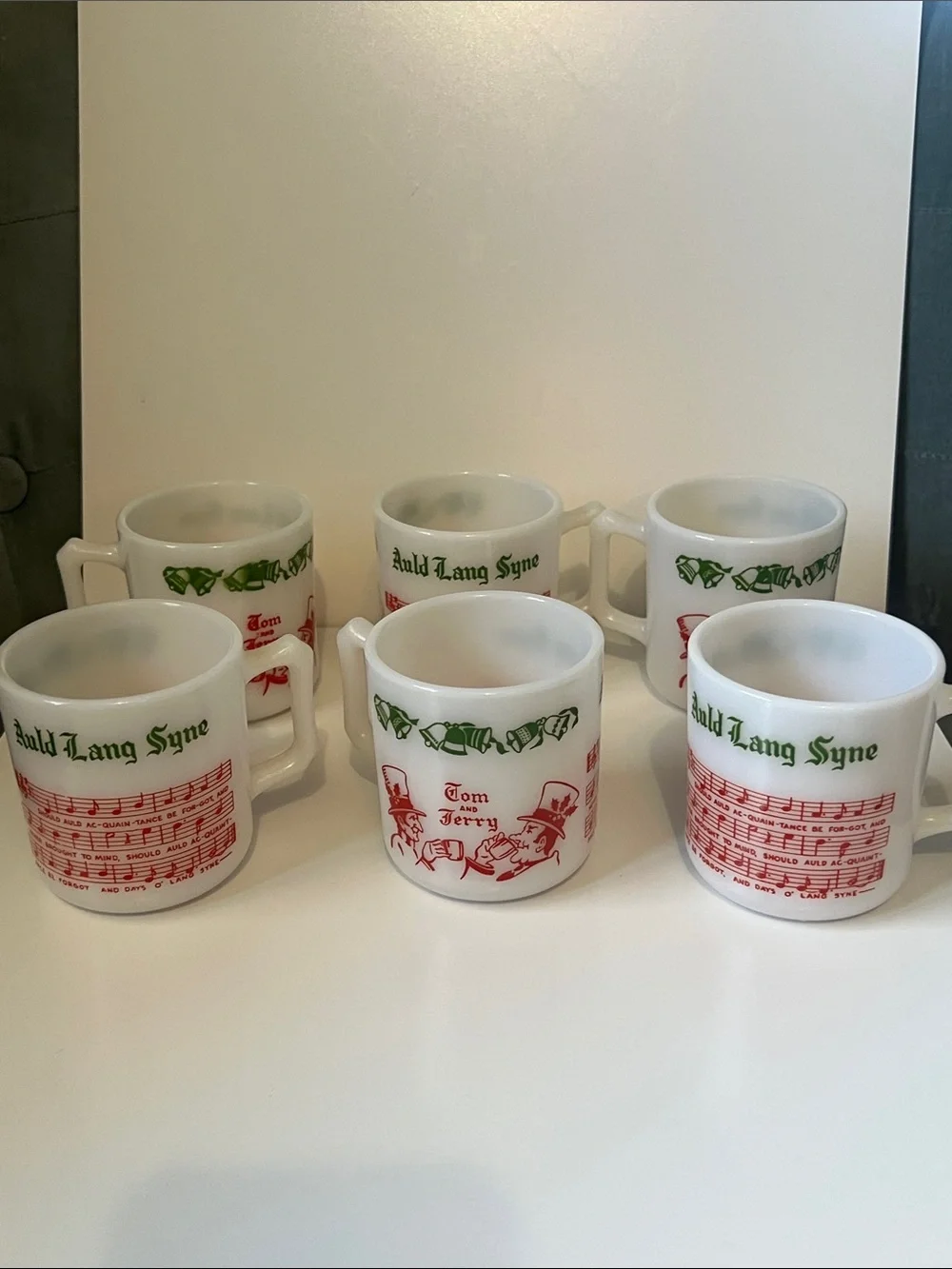 Tom and Jerry Vintage 1950s Hazel Atlas Milk Glass Holiday Punch Cups - 6 cups